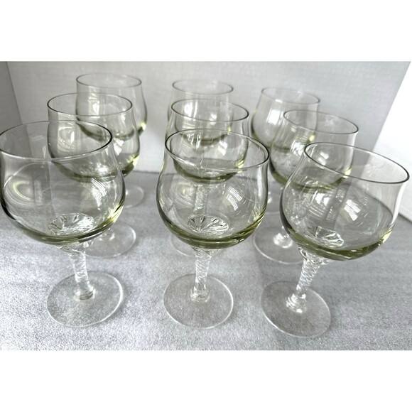 Set of 9 Sasaki CORONATION Lt Green Crystal Twisted Stem Footed Wine Glasses - Picture 1 of 4